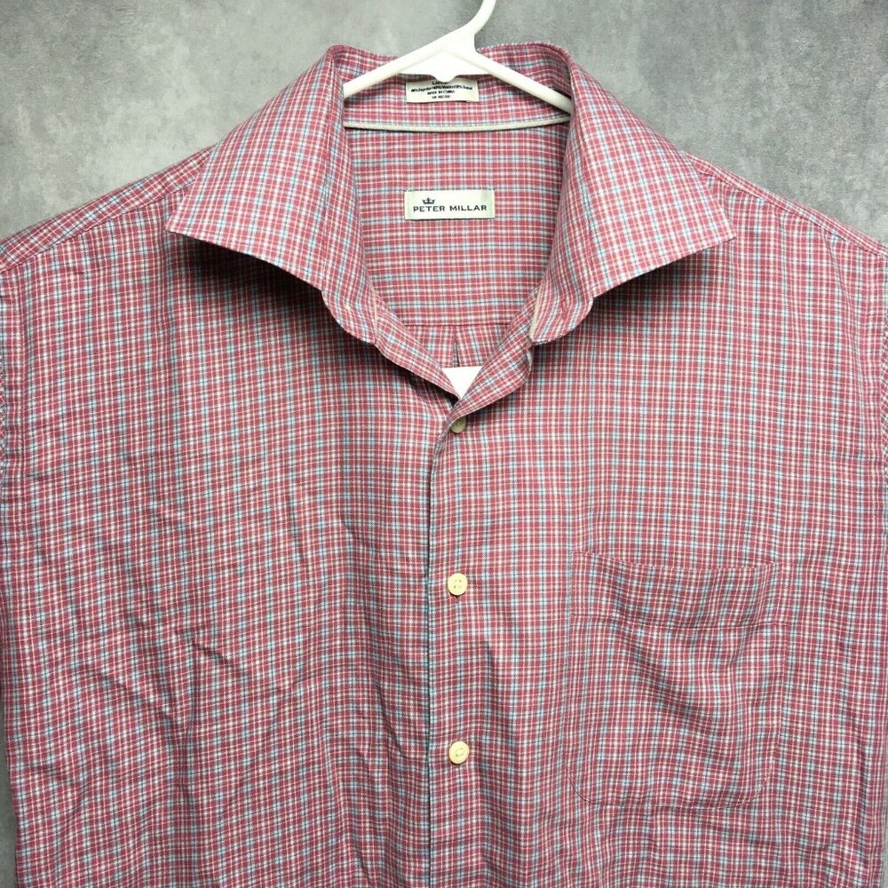 Peter Millar Mens Shirt size Large Long Sleeve Button Up Lightweight Red Plaid